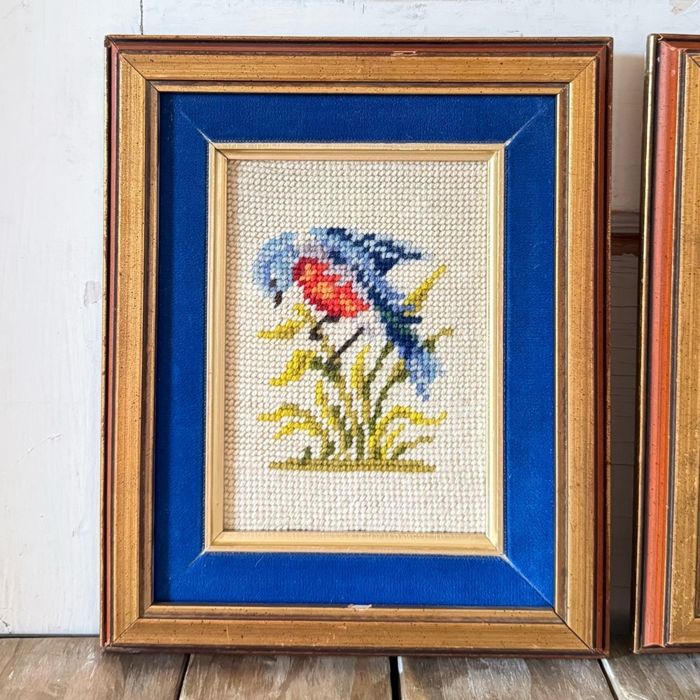 Vintage Bird & Grapes Needlepoint Framed Artwork, Set of 3, Wood Frames - Picture 3 of 7